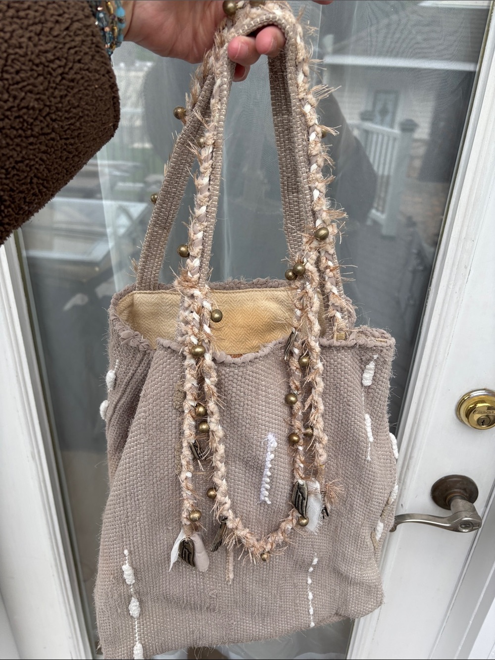 Ancient Greek Sandals Taupe Boho Beaded Braided Handles BOHO VASO TOTE BAG - Picture 2 of 14
